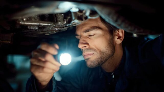 Auto Mechanic Performing Car Repair Under Vehicle with Flashlight in Dark Garage Workshop, Focused Technician Inspecting Engine Compartment, Automotive Maintenance and Repair, Professional Service