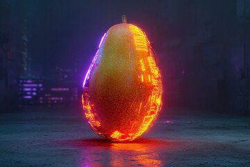 A neon-glowing mango, futuristic cyberpunk style