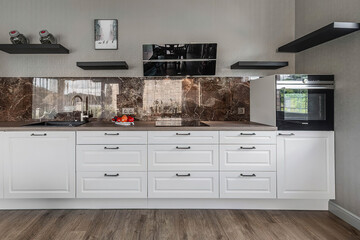 Modern luxury kitchen interior in minimal scandinavian style, 3d render