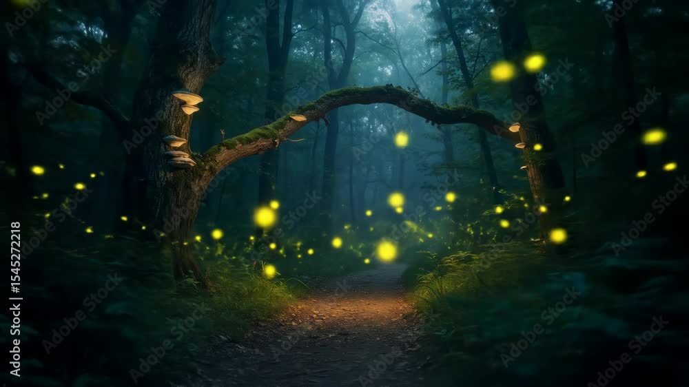 Poster enchanting firefly forest path - a magical, mystical forest path illuminated by fireflies at night. 