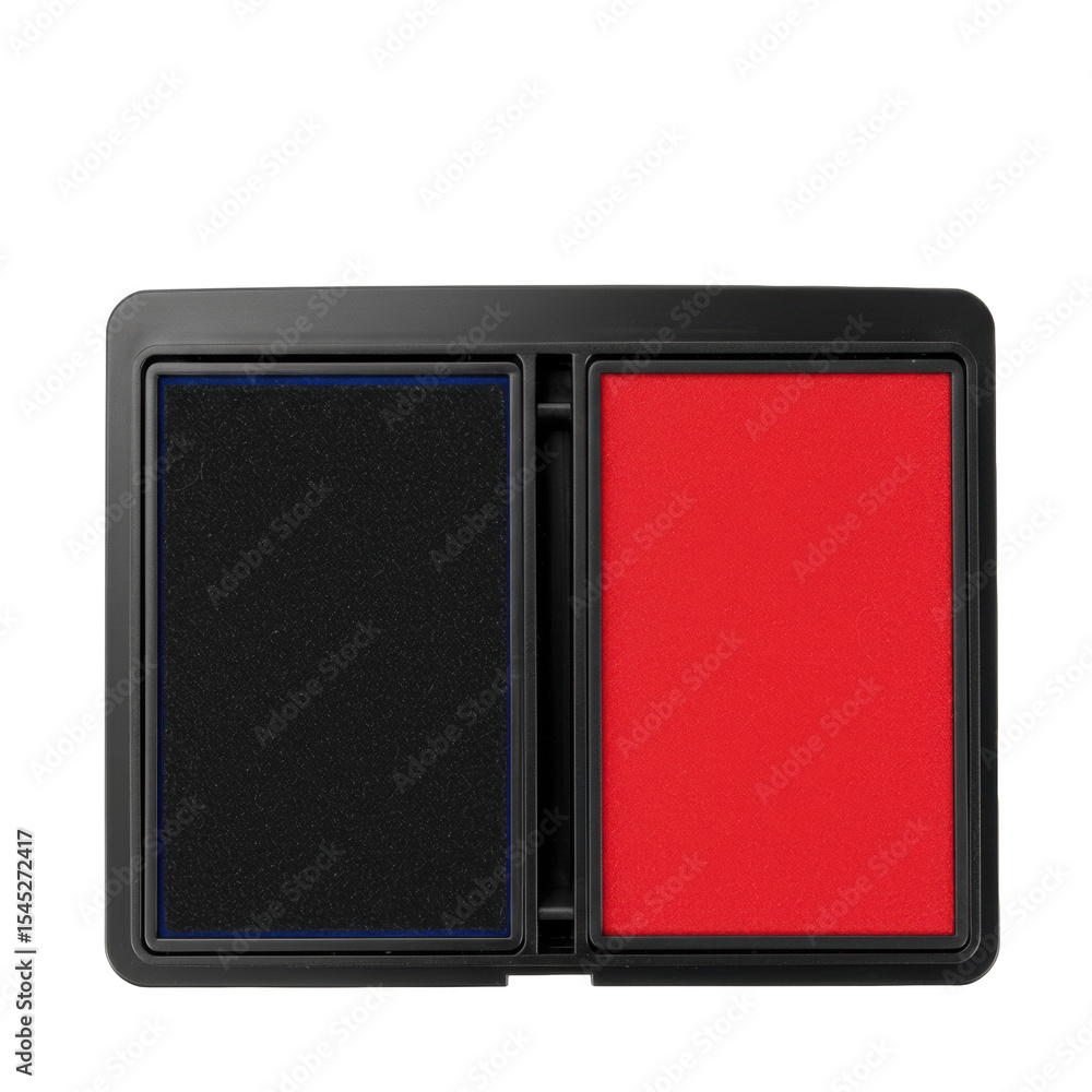 Poster dual-sided black and red stamp pad in a compact rectangular casing, pristine surfaces, clear ink sep
