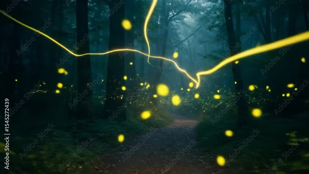Poster enchanting firefly forest path - a magical forest path at night is illuminated by the enchanting glo