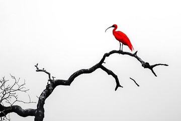 Scarlet ibis perched atop barren branches creates a strikingly vivid contrast against the stark white sky