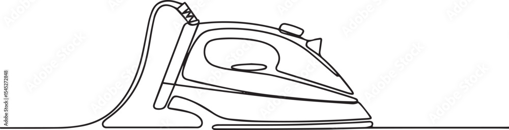 Poster continuous line drawing of a modern electric iron with trailing cord on white background