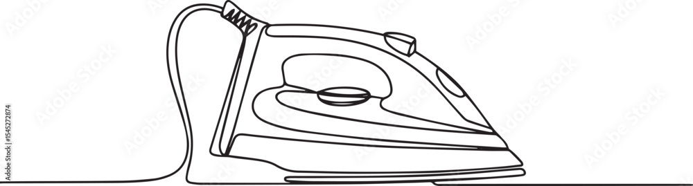 Poster continuous line drawing of a modern electric iron with trailing cord on white background