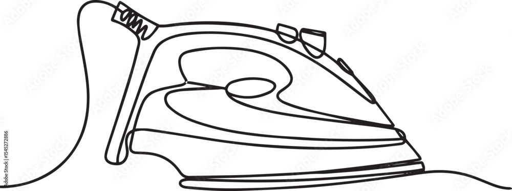 Poster continuous line drawing of a modern electric iron with trailing cord on white background