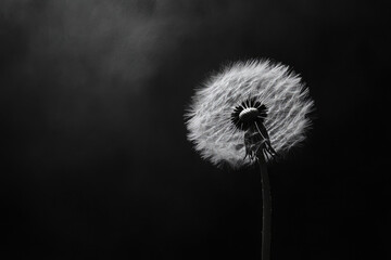 Obraz premium Black and white dandelion seeds dispersing in wind
