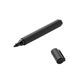 A sleek matte black permanent marker with a dark felt tip, pristine and isolated, photographed from a 3/4 view on a seamless transparent background with even diffused lighting and sharp focus, concept