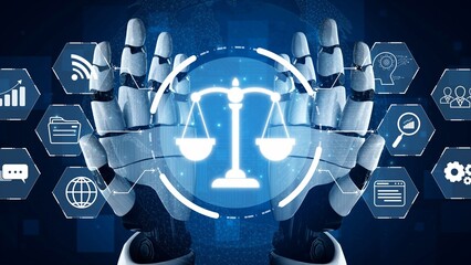 Futuristic digital law interface displaying justice scale, highlighting digital law, AI compliance,...