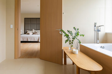 Modern bathroom interior in minimal scandinavian style, 3d render