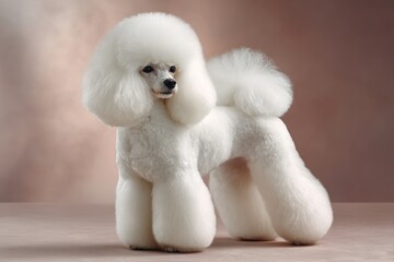 Elegant white poodle stands gracefully on a soft surface in a studio setting, showcasing its luxurious grooming and expressive demeanor