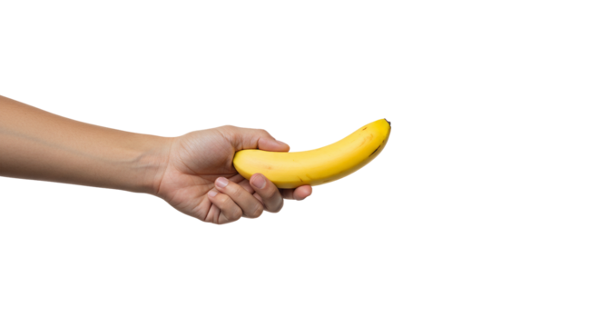 Close-up of a person's hand offering a fresh banana
