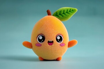 A playful chibi-style mango bouncing with excitement, large expressive eyes and soft shading