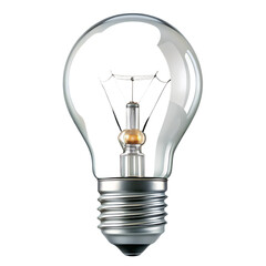 A detailed image of a clear glass incandescent light bulb with a silver metal base and a gold colored filament visible inside isolated on a transparent background 2