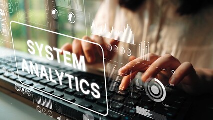 Professional Hands Typing on Keyboard with System Analytics Graphics for Data Analysis and Technology Trends Representation. Asymptotic smart data analytic.