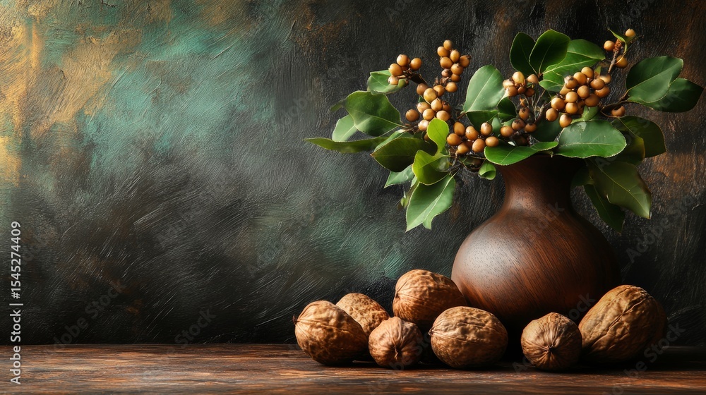 Poster rustic still life with walnuts and greenery in moody lighting over textured brown background scene