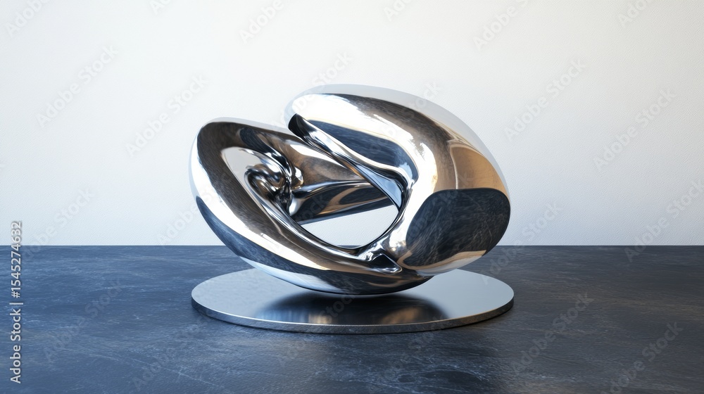 Poster modern chrome sculpture on white background in minimalist setting with reflections and geometric for