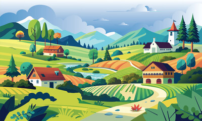 Vector colorful illustration depicting a rural scene with design fully editable high quality