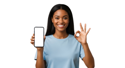 Woman Showing Phone and Ok Sign Isolated on Transparent Background