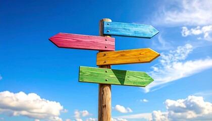 Colorful signpost with sunny sky.