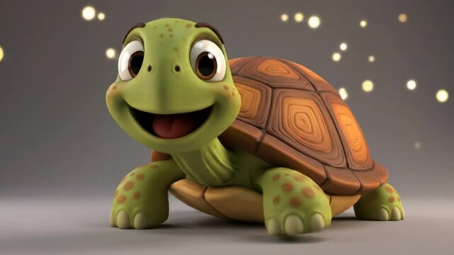 Happy Cartoon Turtle - A cheerful, 3D-video cartoon turtle with a bright smile is shown against a soft gray background with bokeh lights.