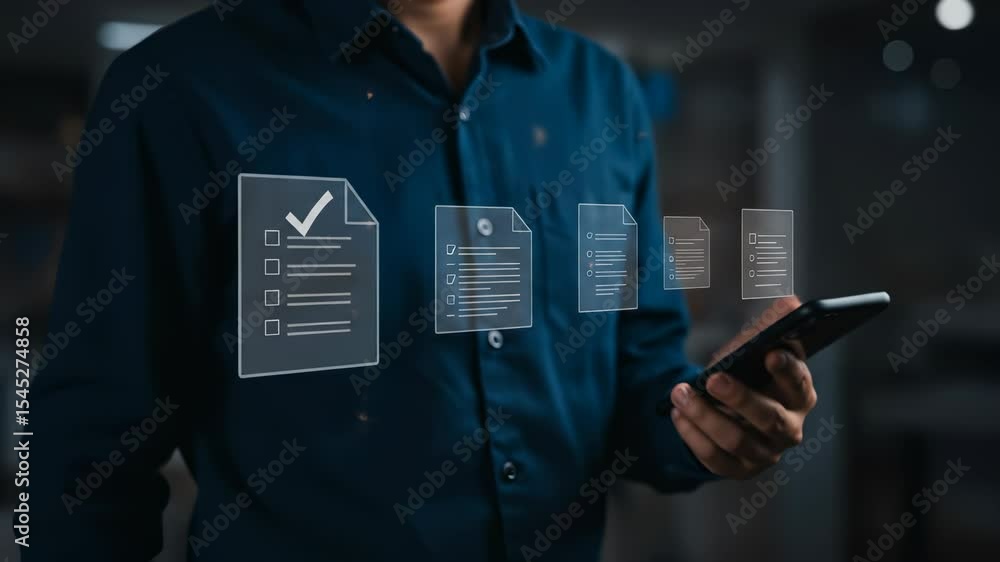 Poster digital checklist: man using phone for online tasks, document management & e-signing workflow automa