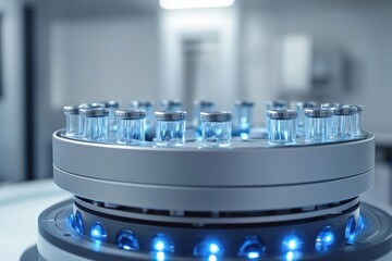Advanced laboratory equipment with vials illuminated in a high-tech facility during a research project