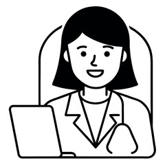 Female Doctor Virtual Consultation Tablet Screen Black White Icon