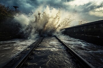 Strong ocean wave crashes over train tracks during a storm near a rock seawall