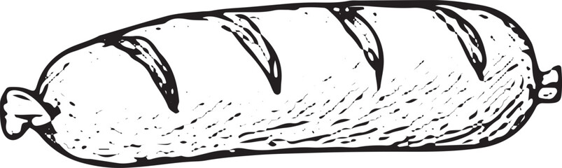 A hand-drawn black-and-white sketch of a raw sausage link, with textured casing and meat, ideal for deli displays, meat processing art, or sausage recipe illustrations