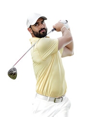 Man Swinging Golf Club Isolated on Transparent Background