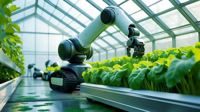 Automated Robotic Arm Harvesting Leafy Greens in Smart Greenhouse with Rows of Plants and Advanced Agricultural Technology

