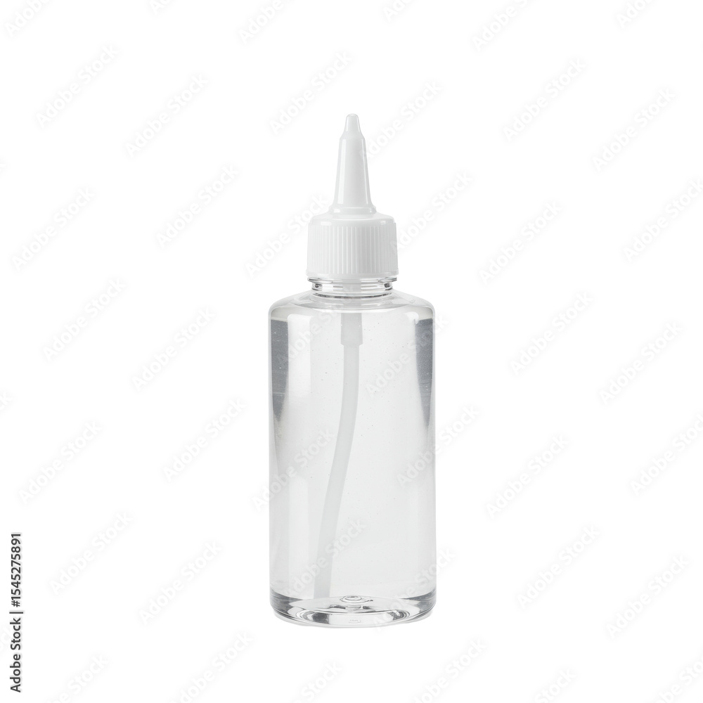 Poster transparent plastic bottle of fast-drying clear craft glue with a white screw-on cap and pointed noz