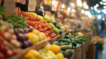 Colorful fresh vegetables displayed on street market stand under daylight for local organic produce photography