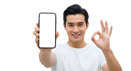 Man Showing Smartphone Screen and Okay Sign against Transparent Background