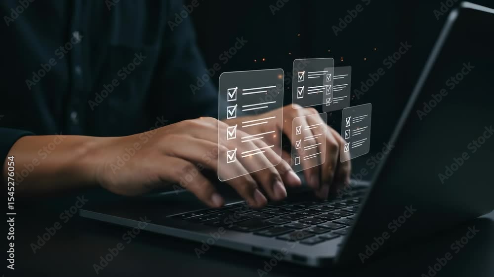 Poster online checklist on laptop: digital task management & productivity | to-do list, verification, workf