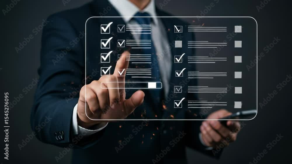 Poster digital checklist completion: business man ticking tasks with touchscreen & progress bar