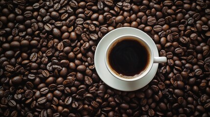 Fototapeta premium Top view of coffee cup on roasted beans background for cafe espresso drink product concept photography