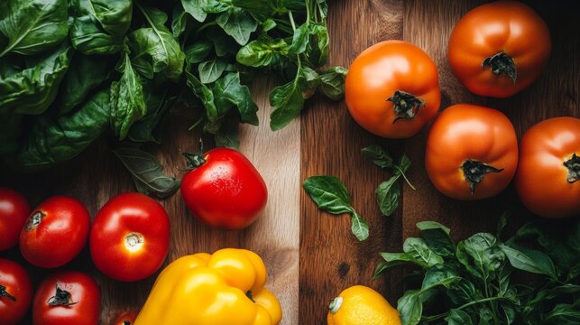 Assorted fresh vegetables including tomatoes and peppers on rustic wood table for healthy food concept