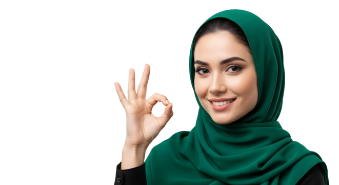Woman Showing Okay Sign Wearing Green Headscarf on Transparent Background