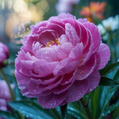 Pink peony flower dew drops garden bloom
