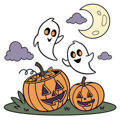 Spooky Ghosts and Pumpkins – Cartoon Sticker Vectors
