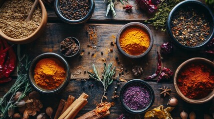 Spices and herbs in wooden bowls for Indian cooking culinary concept food background flavor natural color