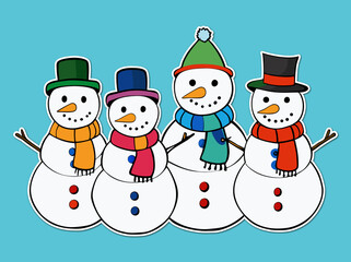 A bundle of cheerful cartoon snowmen stickers various designs wearing hats and scarves on a blue background