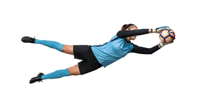 Goalkeeper Diving Action Saving the Soccer Ball on Black Transparent Background