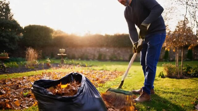 Man raking fallen autumn leaves into bag in garden at sunrise