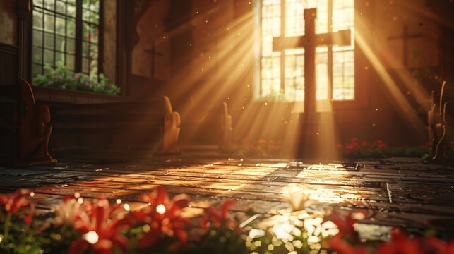 In the prayer room, warm light falls on the cross