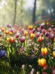A field of tulips, with vibrant flowers appearing exceptionally fresh under the sunlight