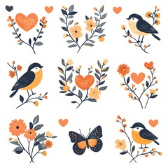 Fototapeta premium Charming illustration of birds, flowers, and butterflies in a whimsical design with hearts. Perfect for nature, love, and floral themes in a playful and decorative context.