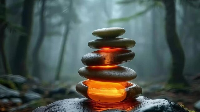 Zen stones lighting on the forest |  Stack of stones stands by a gentle stream